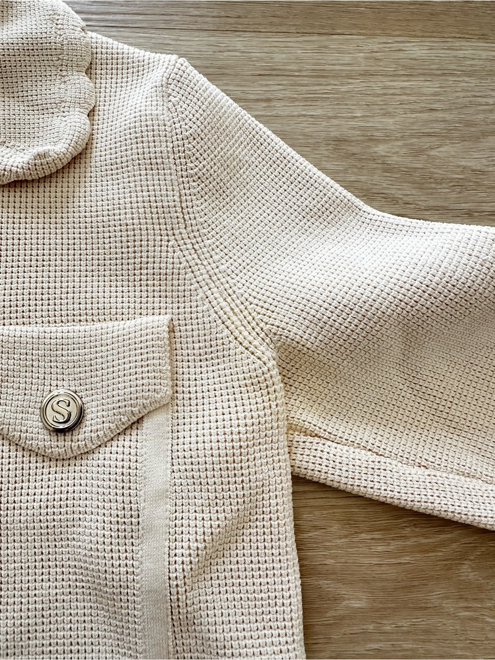 Sandro Paco Cardigan XS Ivory Waffle Knit Scalloped Collar - Picture 6 of 8